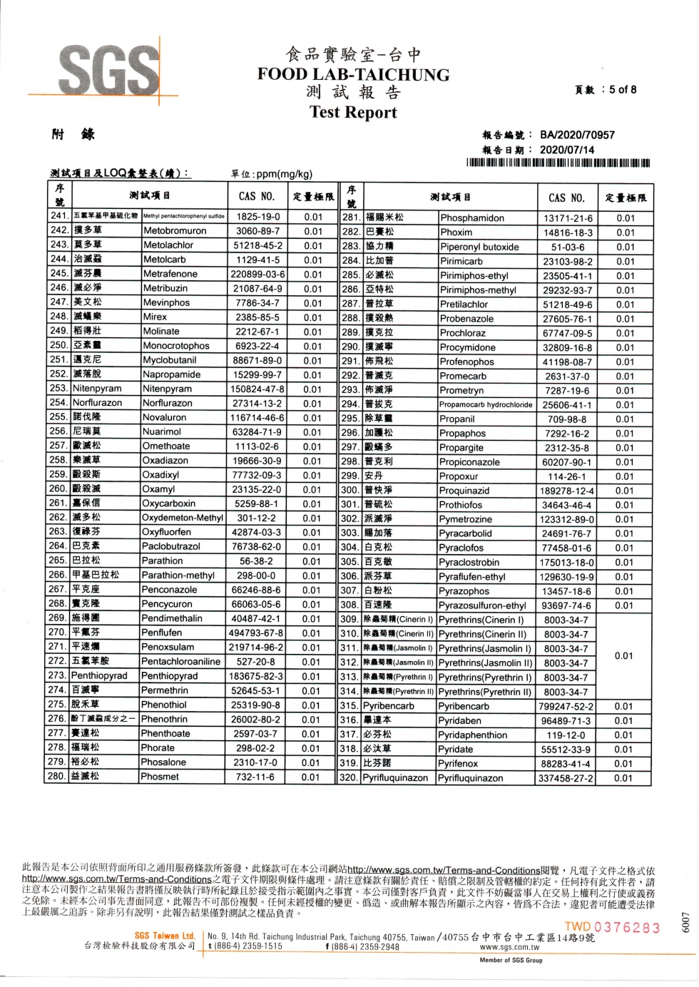 SGS農藥殘留檢驗-成桔10907-5 SGS農藥殘留檢驗-成桔10907-5